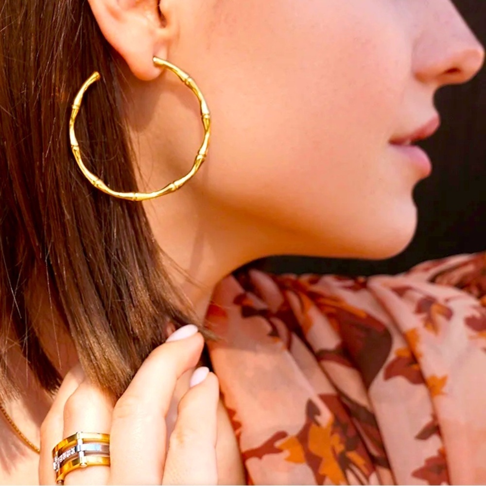 New Arrival Classic Large Bamboo Gold Hoop Earrings - Picture 1 of 7